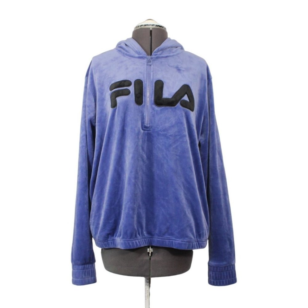 FILA women's blue velour 1/4 zip hooded sweatshirt XL